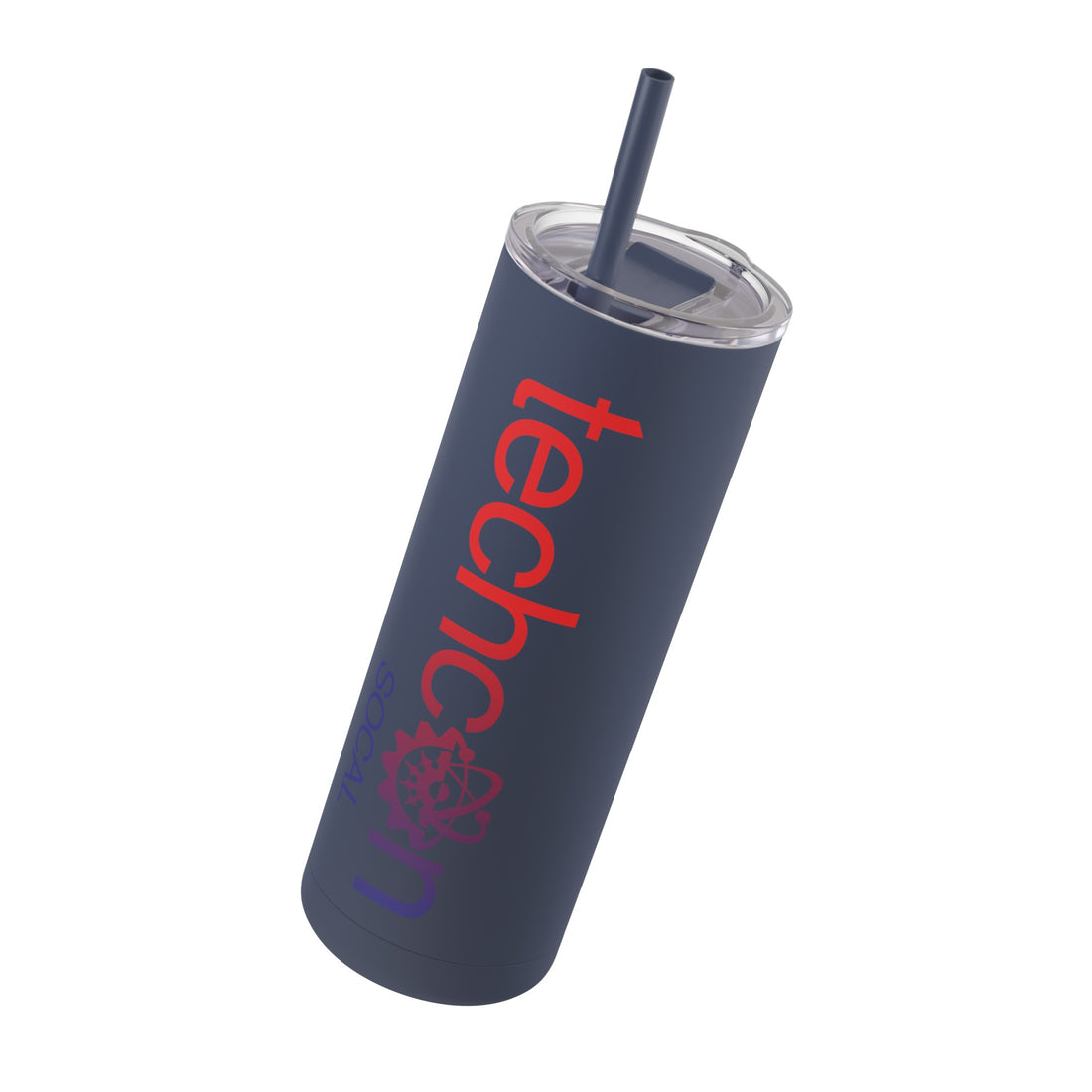 Sleek matte black stainless steel tumbler with TechCon SoCal logo and color-matching straw