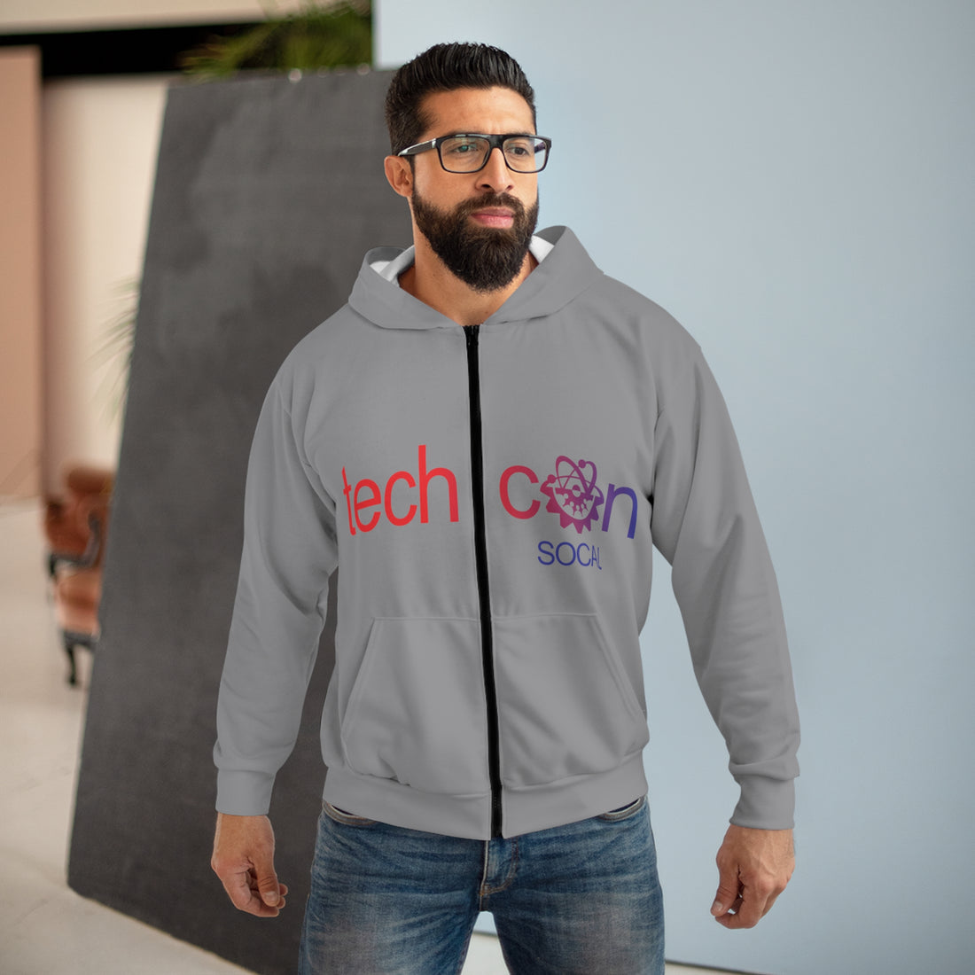 All-over print polyester zip hoodie with fleece lining